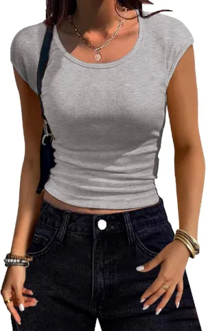 Women Shirts Crew Neck Ribbed Slim Fitted Side Ruched Basic Tops for Woman Cap Sleeve Summer Casual T Shirts
