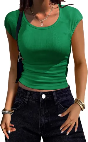 Women Shirts Crew Neck Ribbed Slim Fitted Side Ruched Basic Tops for Woman Cap Sleeve Summer Casual T Shirts