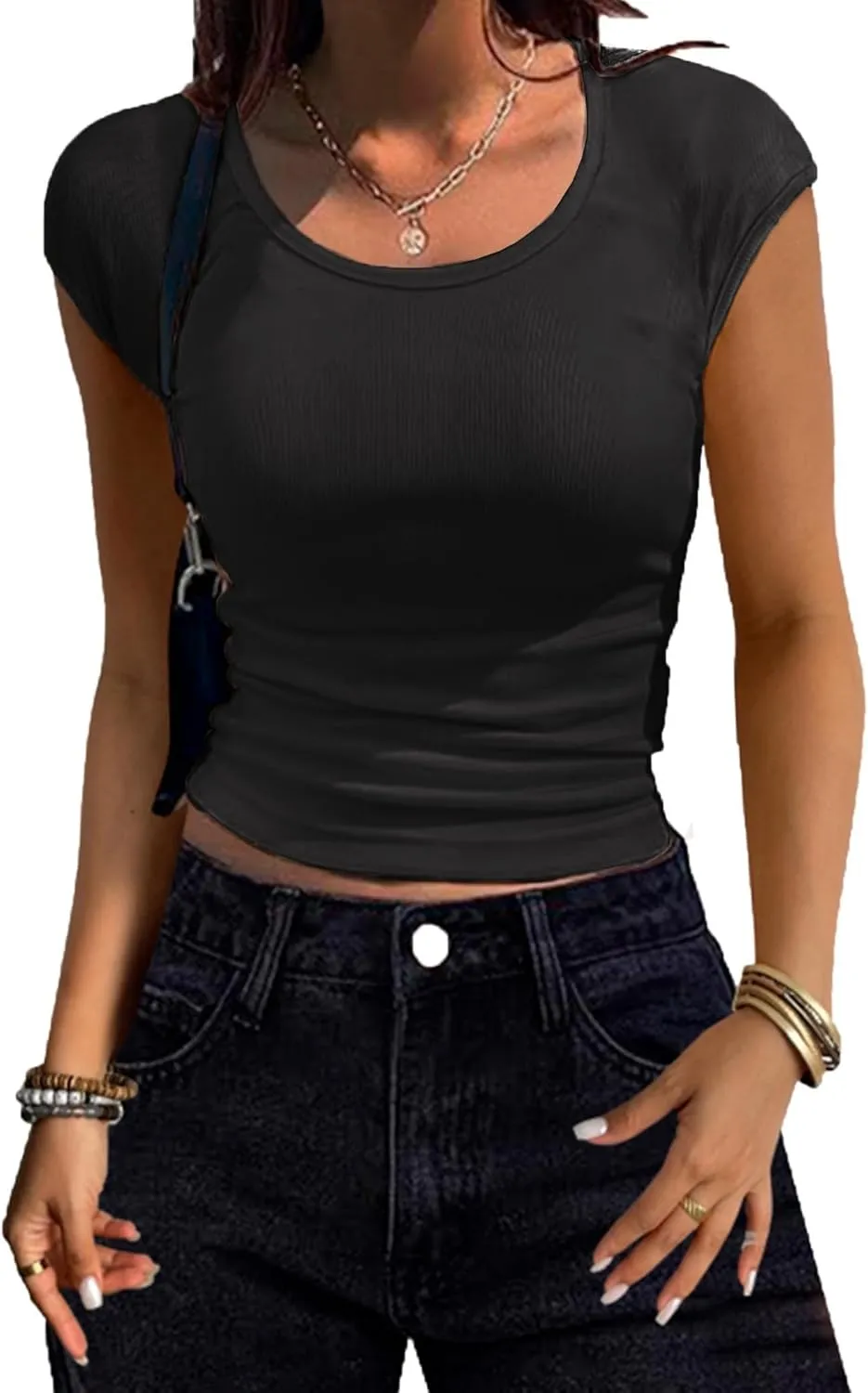 Women Shirts Crew Neck Ribbed Slim Fitted Side Ruched Basic Tops for Woman Cap Sleeve Summer Casual T Shirts