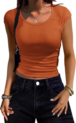 Women Shirts Crew Neck Ribbed Slim Fitted Side Ruched Basic Tops for Woman Cap Sleeve Summer Casual T Shirts