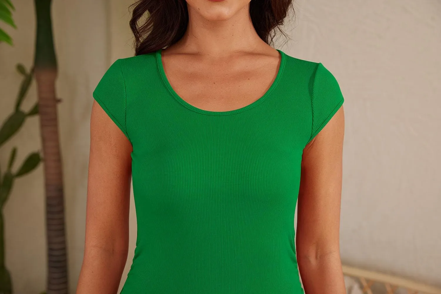 Women Shirts Crew Neck Ribbed Slim Fitted Side Ruched Basic Tops for Woman Cap Sleeve Summer Casual T Shirts