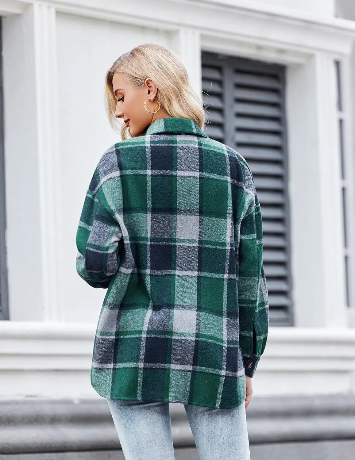 Women's Casual Plaid Shacket Long Sleeve Button Down Flannel Shirts Jacket Coats with Side Pockets