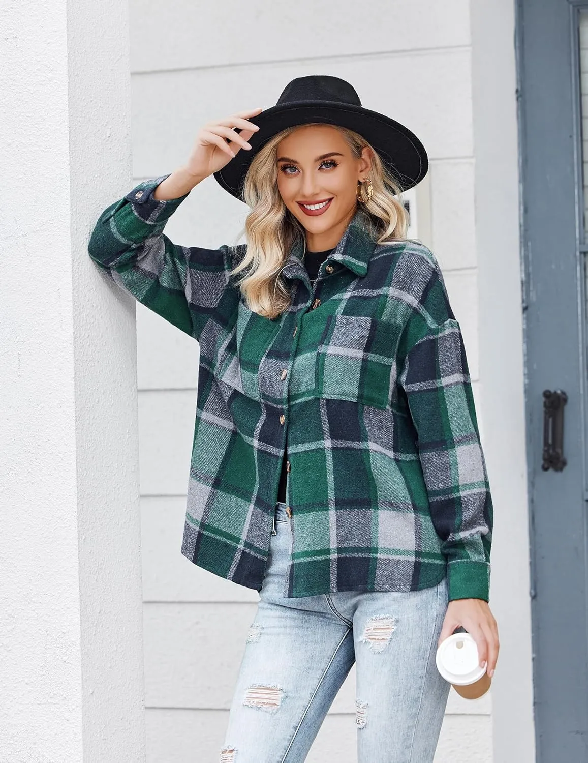 Women's Casual Plaid Shacket Long Sleeve Button Down Flannel Shirts Jacket Coats with Side Pockets