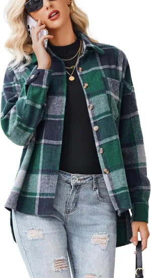 Women's Casual Plaid Shacket Long Sleeve Button Down Flannel Shirts Jacket Coats with Side Pockets
