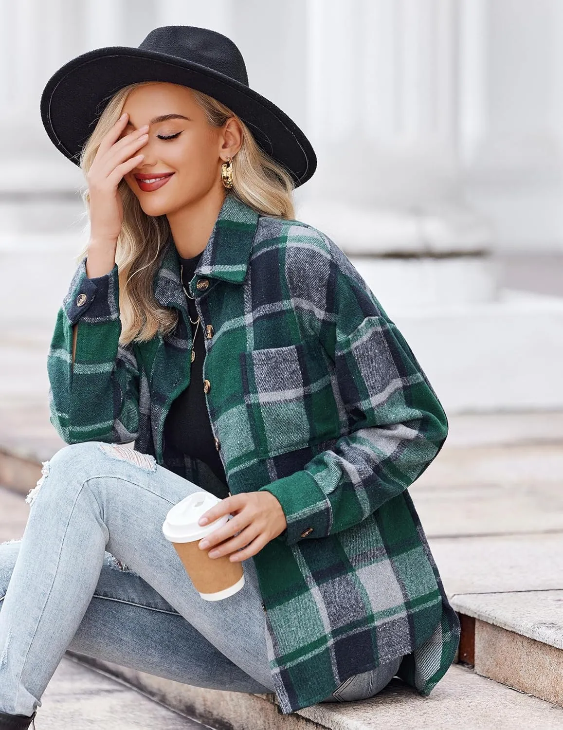 Women's Casual Plaid Shacket Long Sleeve Button Down Flannel Shirts Jacket Coats with Side Pockets
