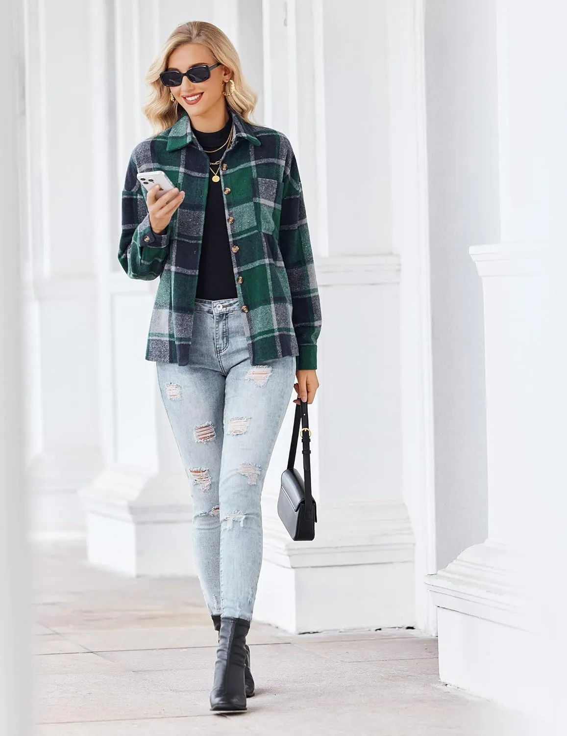 Women's Casual Plaid Shacket Long Sleeve Button Down Flannel Shirts Jacket Coats with Side Pockets