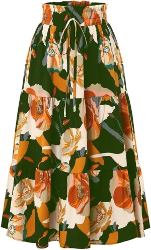 Women's Elastic High Waist Skirts Pleated Floral Print A-Line Midi Skirt Boho Casual Tiered Beach Vacation Party Skirt