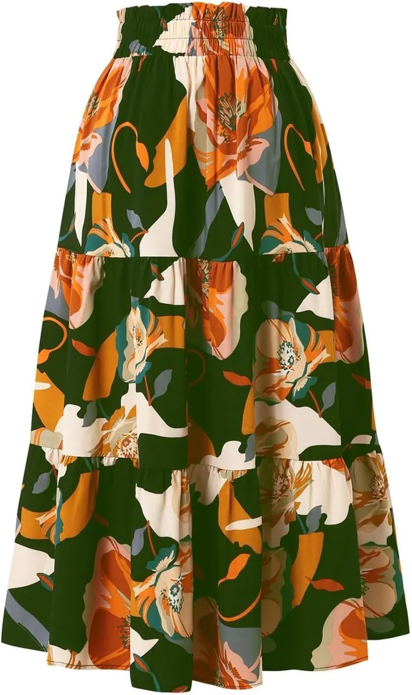 Women's Elastic High Waist Skirts Pleated Floral Print A-Line Midi Skirt Boho Casual Tiered Beach Vacation Party Skirt