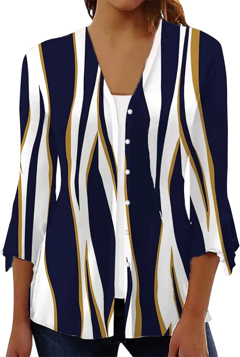 Women's Floral Print Bell 3/4 Sleeve Cardigan Lightweight Open Front Button Down Cover Up Casual Blouse Tops