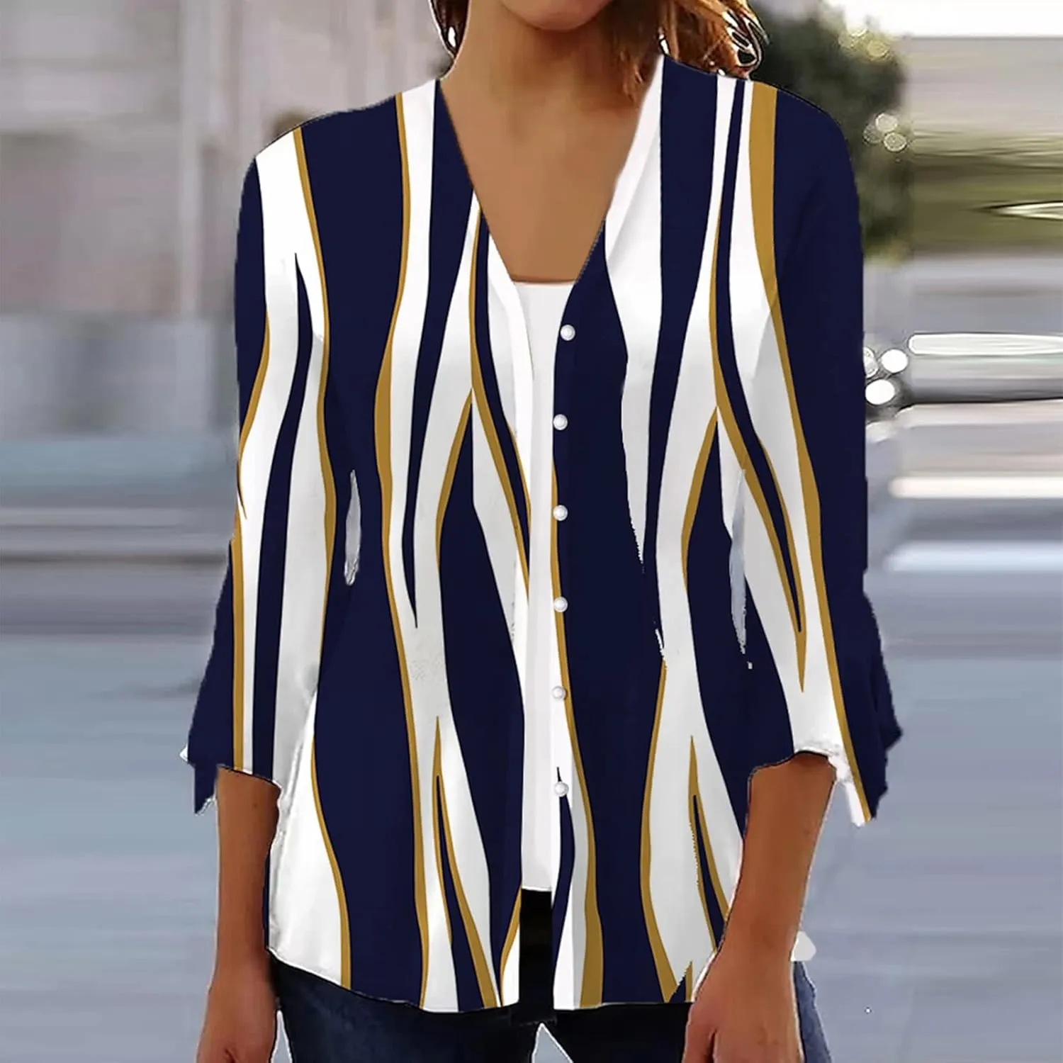 Women's Floral Print Bell 3/4 Sleeve Cardigan Lightweight Open Front Button Down Cover Up Casual Blouse Tops