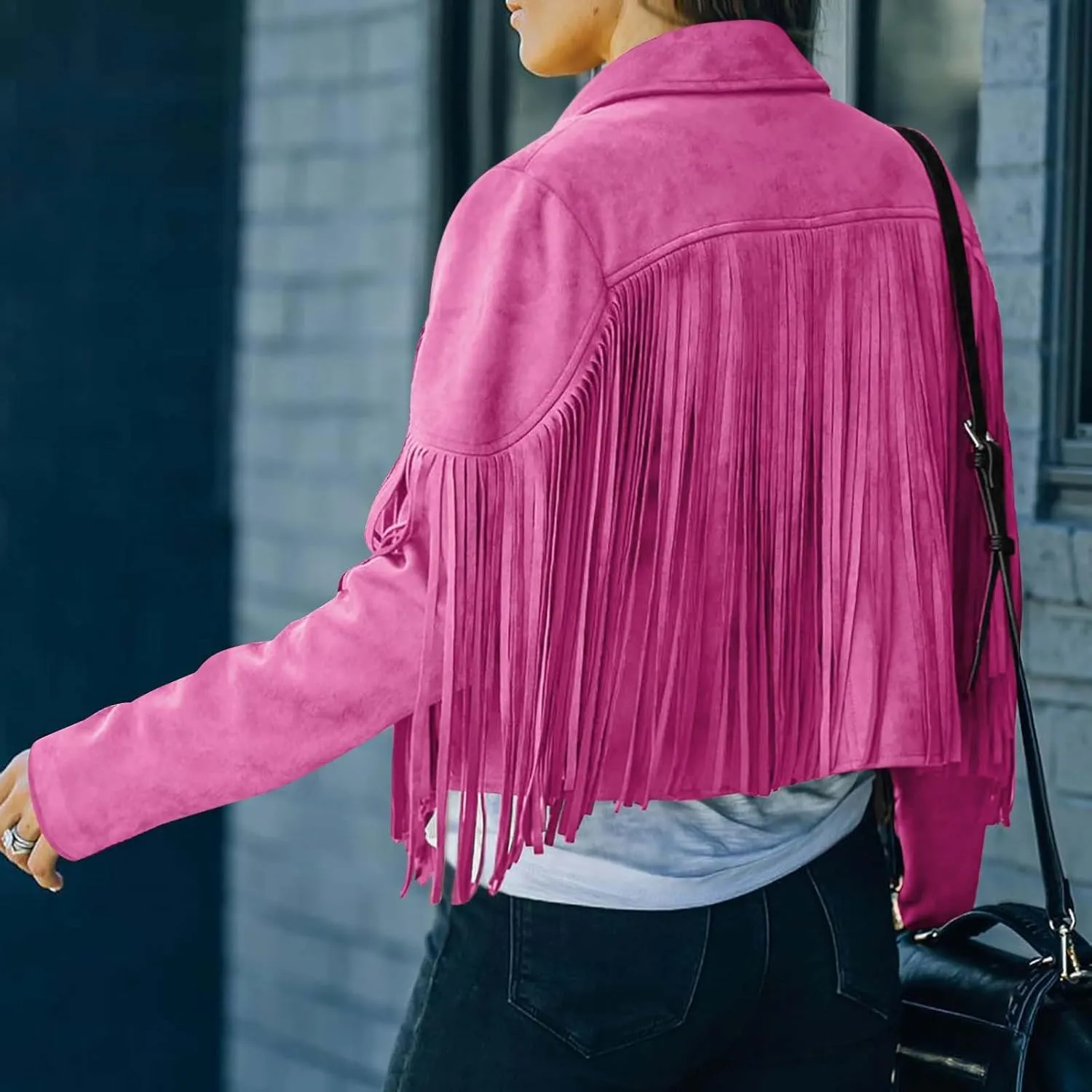 Women's Fringe Faux Suede Leather Jackets 2025 Fashion Tassel Motorcycle Cropped Coats Trendy Cardigan Outwear