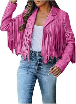 Women's Fringe Faux Suede Leather Jackets 2025 Fashion Tassel Motorcycle Cropped Coats Trendy Cardigan Outwear