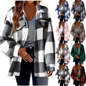 Womens Fuzzy Flannel Jacket Fall Fashion Sherpa Lined Plaid Shacket Jacket Long Sleeve Button Down Fleece Hoodies 