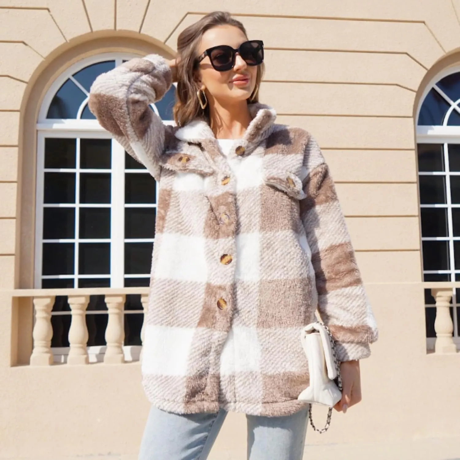 Womens Fuzzy Flannel Jacket Fall Fashion Sherpa Lined Plaid Shacket Jacket Long Sleeve Button Down Fleece Hoodies 