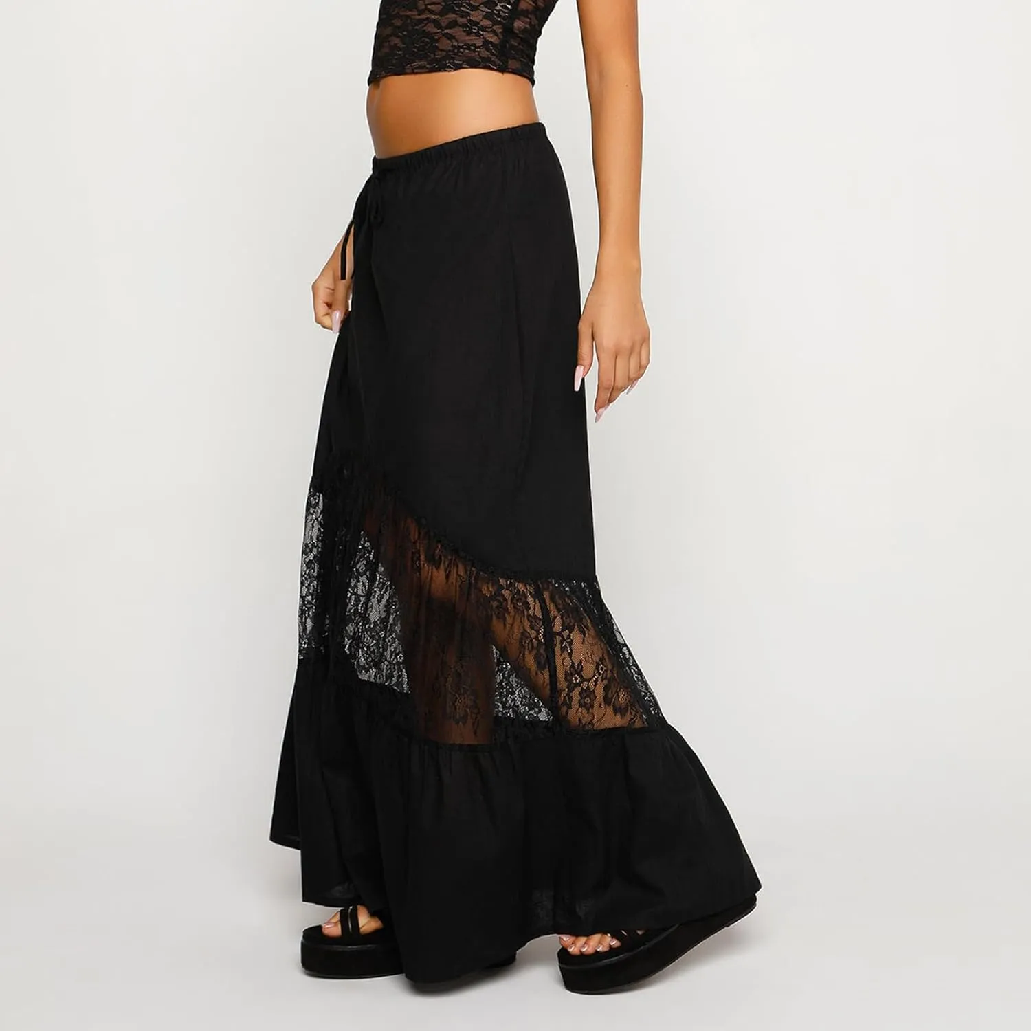 Women's Lace Long Skirts Mid Waist Solid Color Asymmetric Patchwork Midi Skirts Elegant Skirts