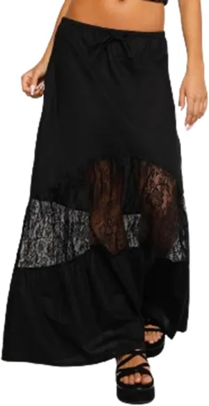Women's Lace Long Skirts Mid Waist Solid Color Asymmetric Patchwork Midi Skirts Elegant Skirts