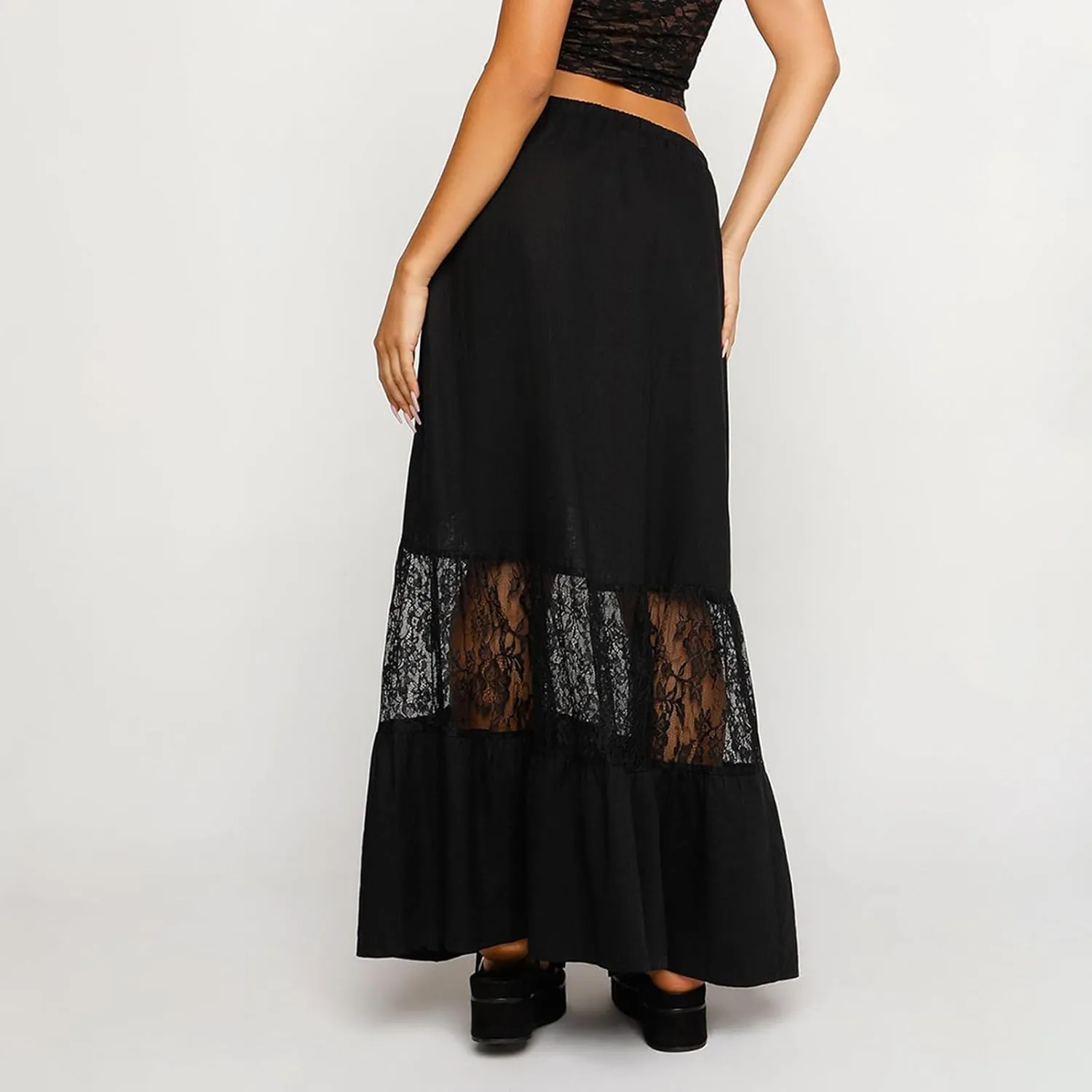 Women's Lace Long Skirts Mid Waist Solid Color Asymmetric Patchwork Midi Skirts Elegant Skirts