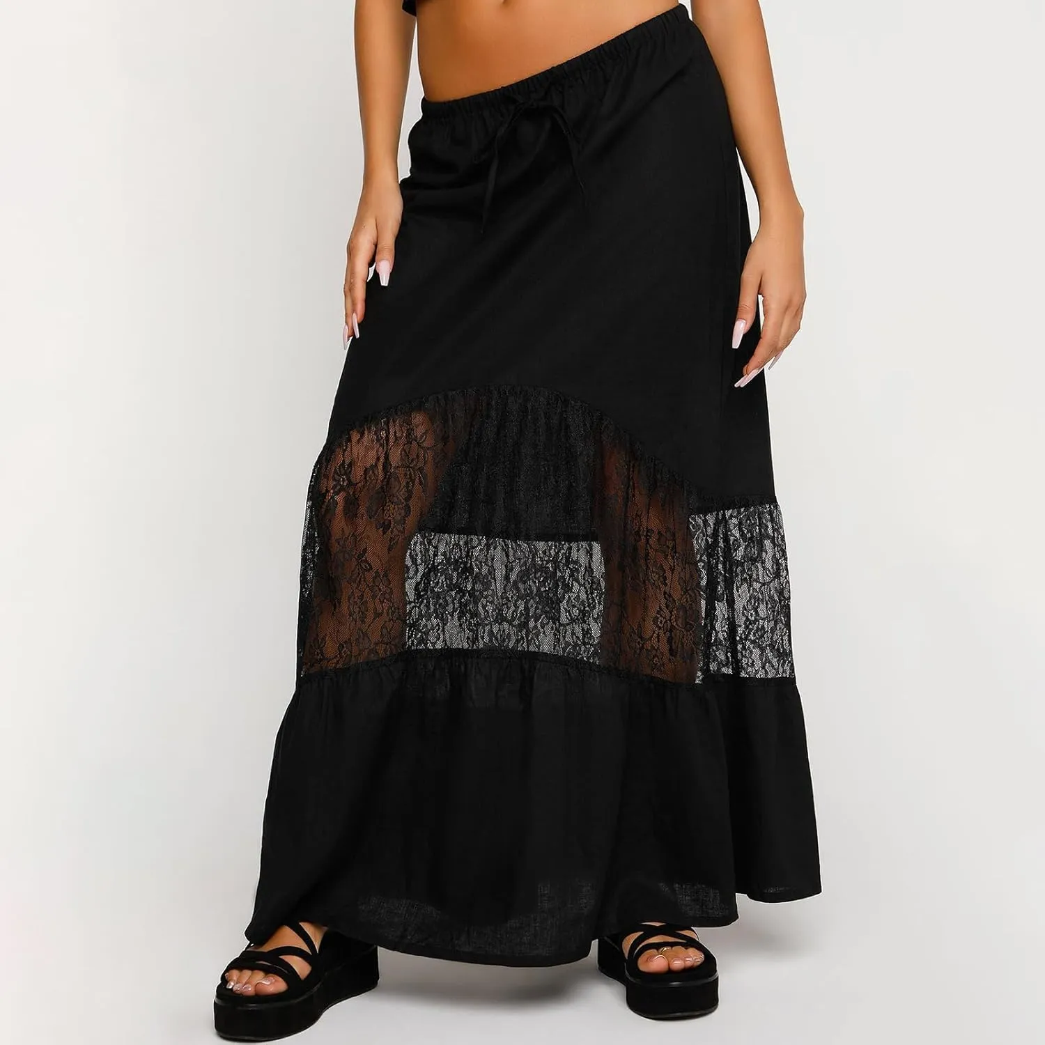 Women's Lace Long Skirts Mid Waist Solid Color Asymmetric Patchwork Midi Skirts Elegant Skirts