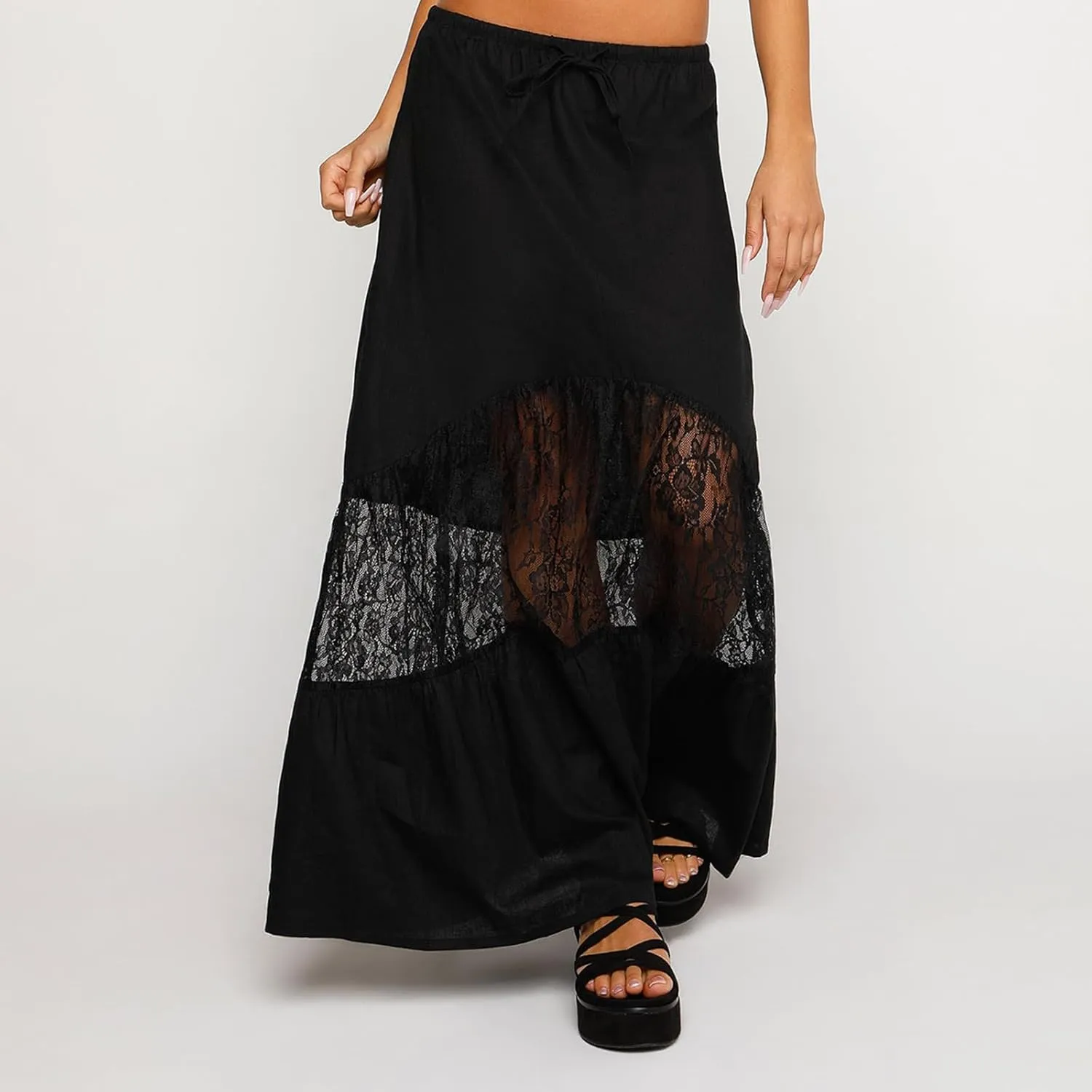 Women's Lace Long Skirts Mid Waist Solid Color Asymmetric Patchwork Midi Skirts Elegant Skirts