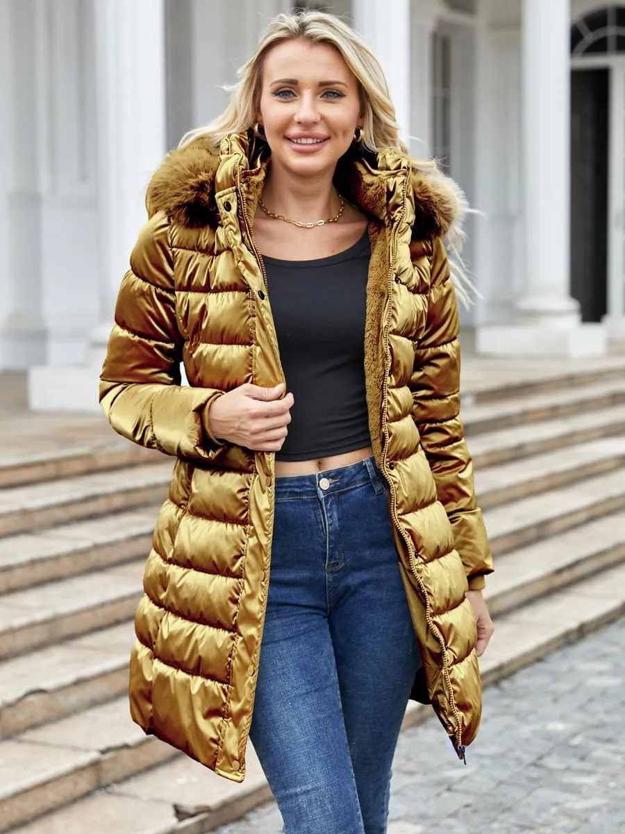 Women's Long Winter Coat Puffer Warm Down Jacket with Detachable Hood Removable Faux Fur Trim Thickened Jacket