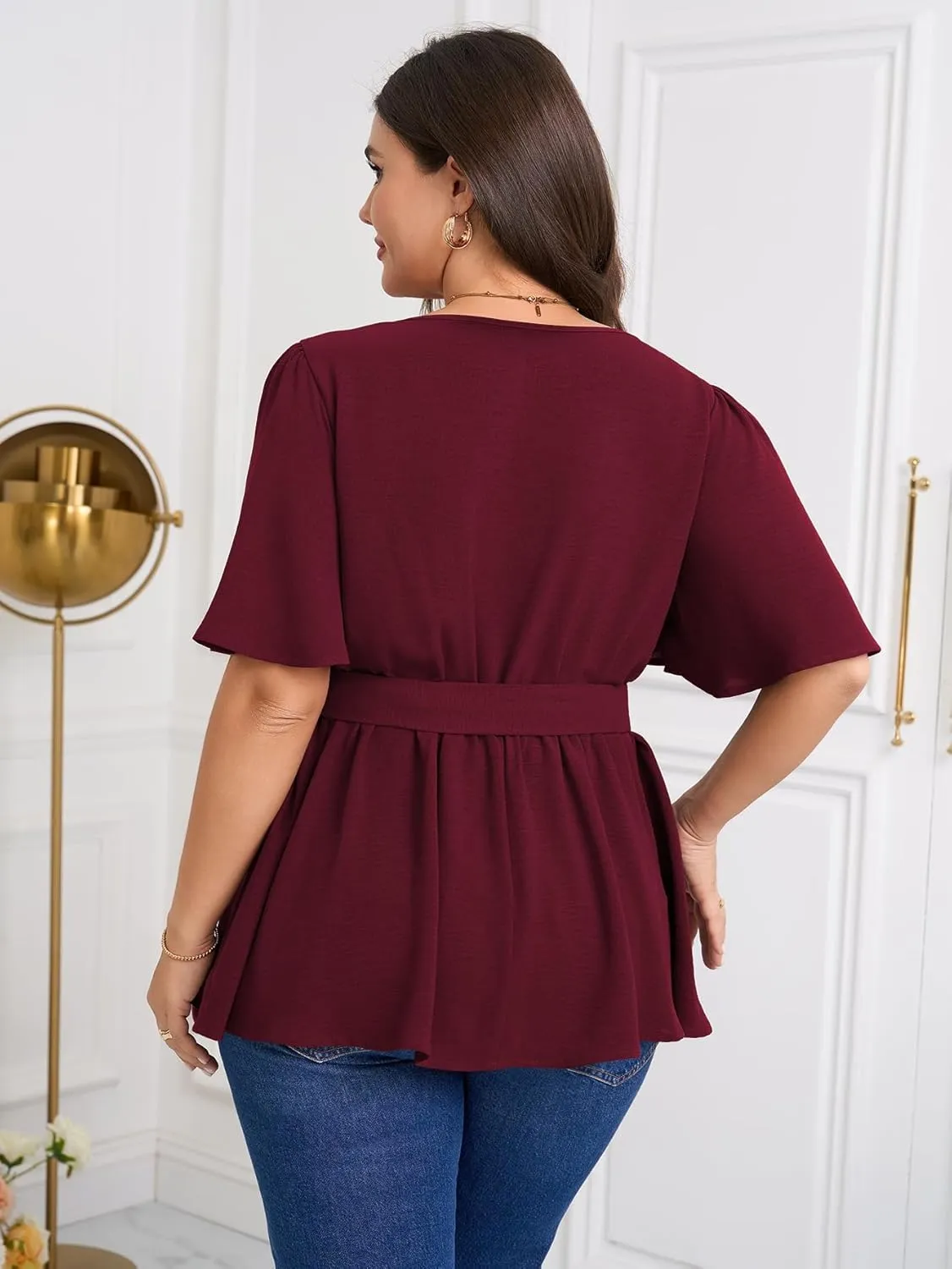Women's Plus Size Peplum Blouse Top Short Sleeve V Neck Tie Waist Ruffle Hem Babydoll Tops