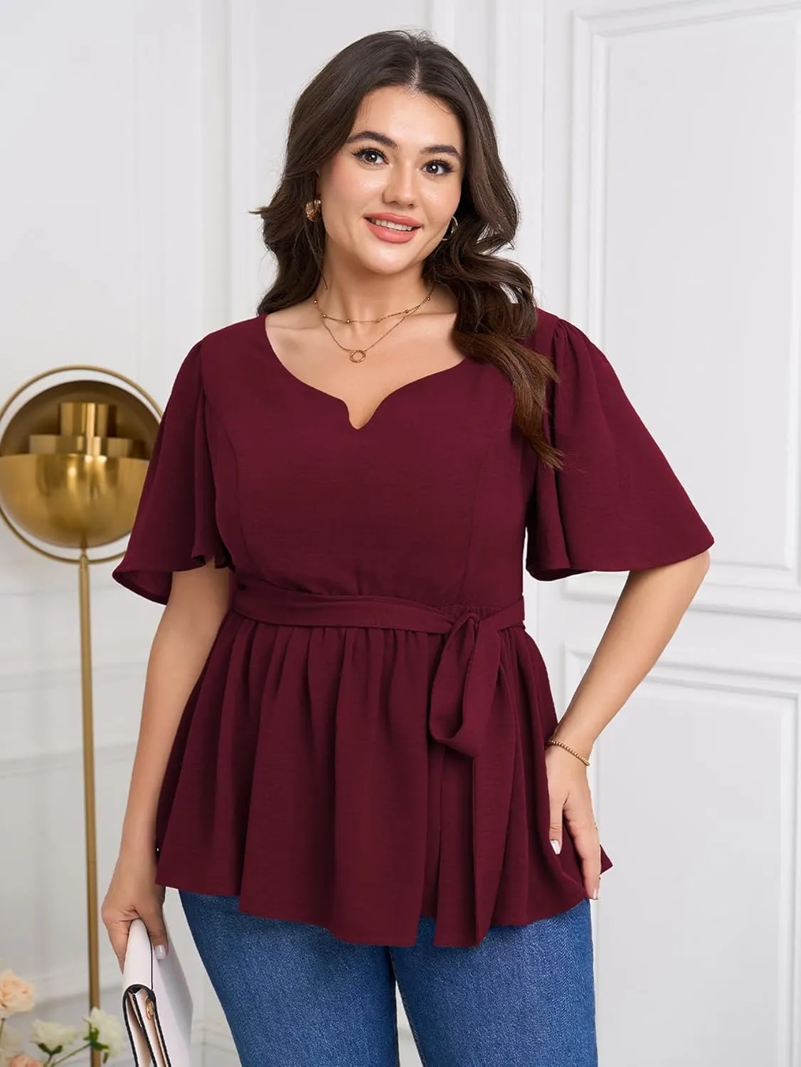 Women's Plus Size Peplum Blouse Top Short Sleeve V Neck Tie Waist Ruffle Hem Babydoll Tops