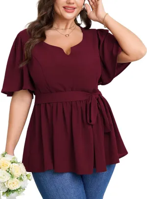 Women's Plus Size Peplum Blouse Top Short Sleeve V Neck Tie Waist Ruffle Hem Babydoll Tops