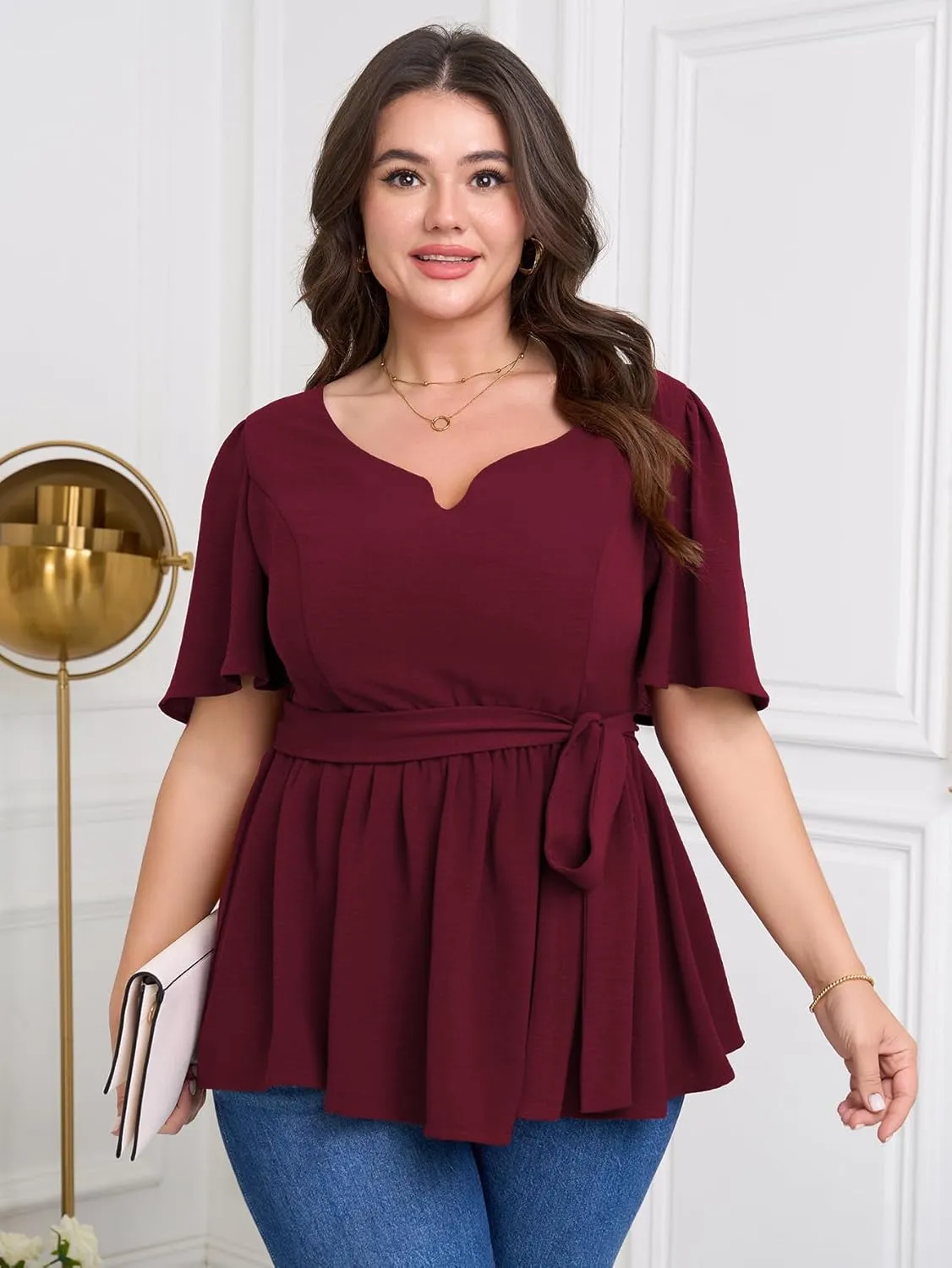 Women's Plus Size Peplum Blouse Top Short Sleeve V Neck Tie Waist Ruffle Hem Babydoll Tops