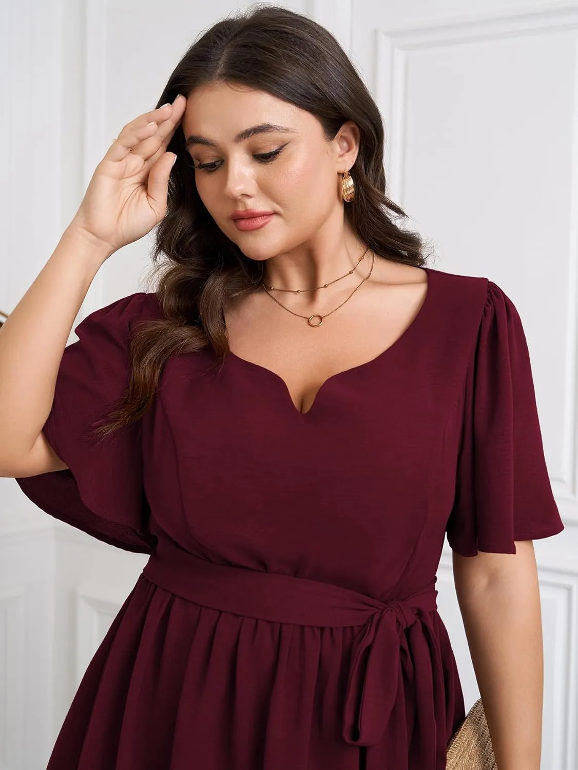Women's Plus Size Peplum Blouse Top Short Sleeve V Neck Tie Waist Ruffle Hem Babydoll Tops