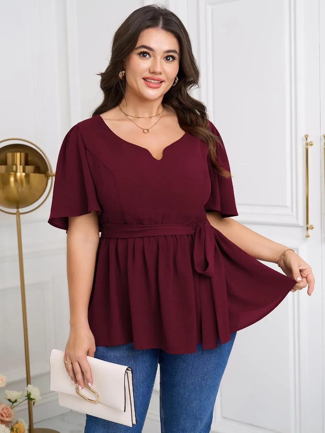 Women's Plus Size Peplum Blouse Top Short Sleeve V Neck Tie Waist Ruffle Hem Babydoll Tops