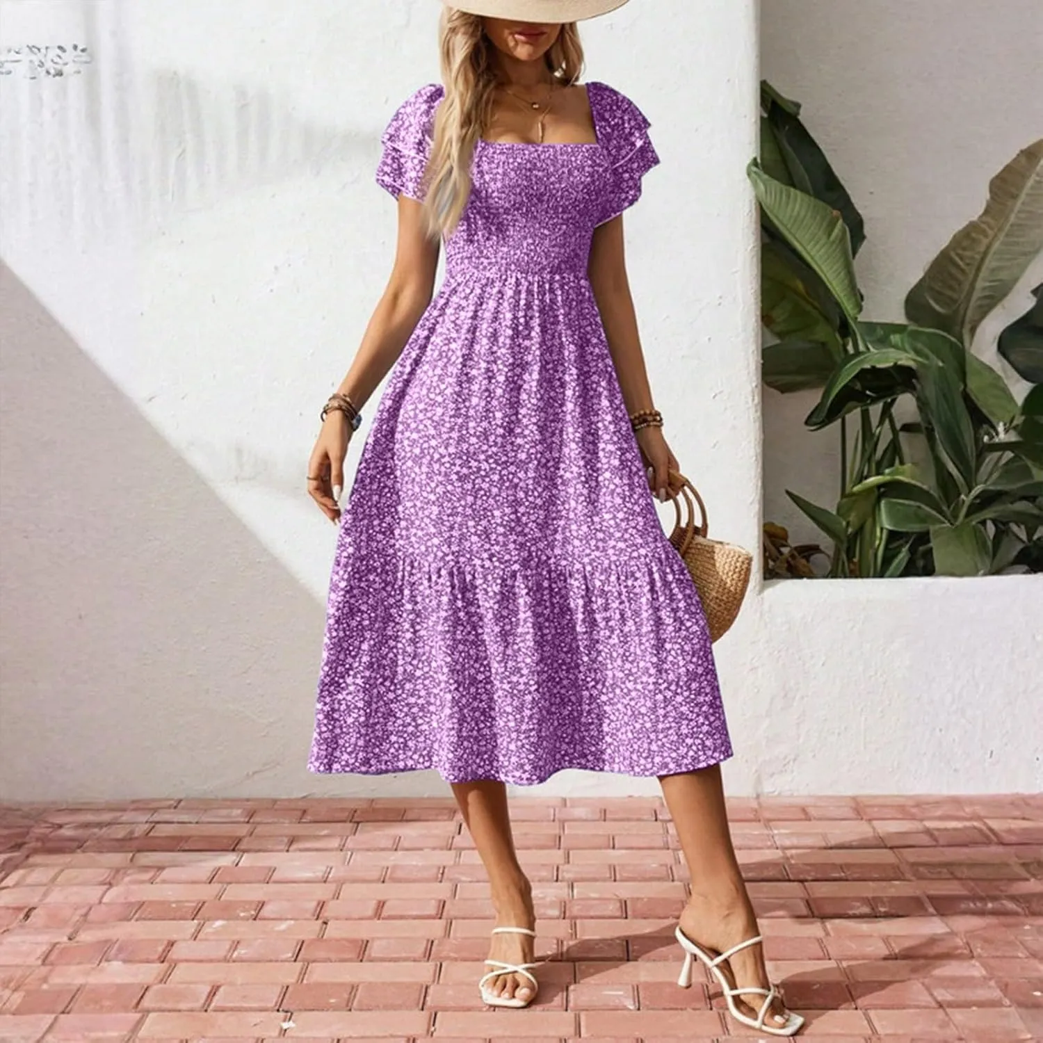 Women's Strapless Floral Midi Beach Dress for Women Elegant Casual Loose Boho Summer Sundress