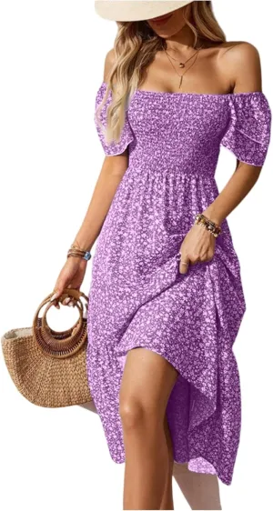 Women's Strapless Floral Midi Beach Dress for Women Elegant Casual Loose Boho Summer Sundress