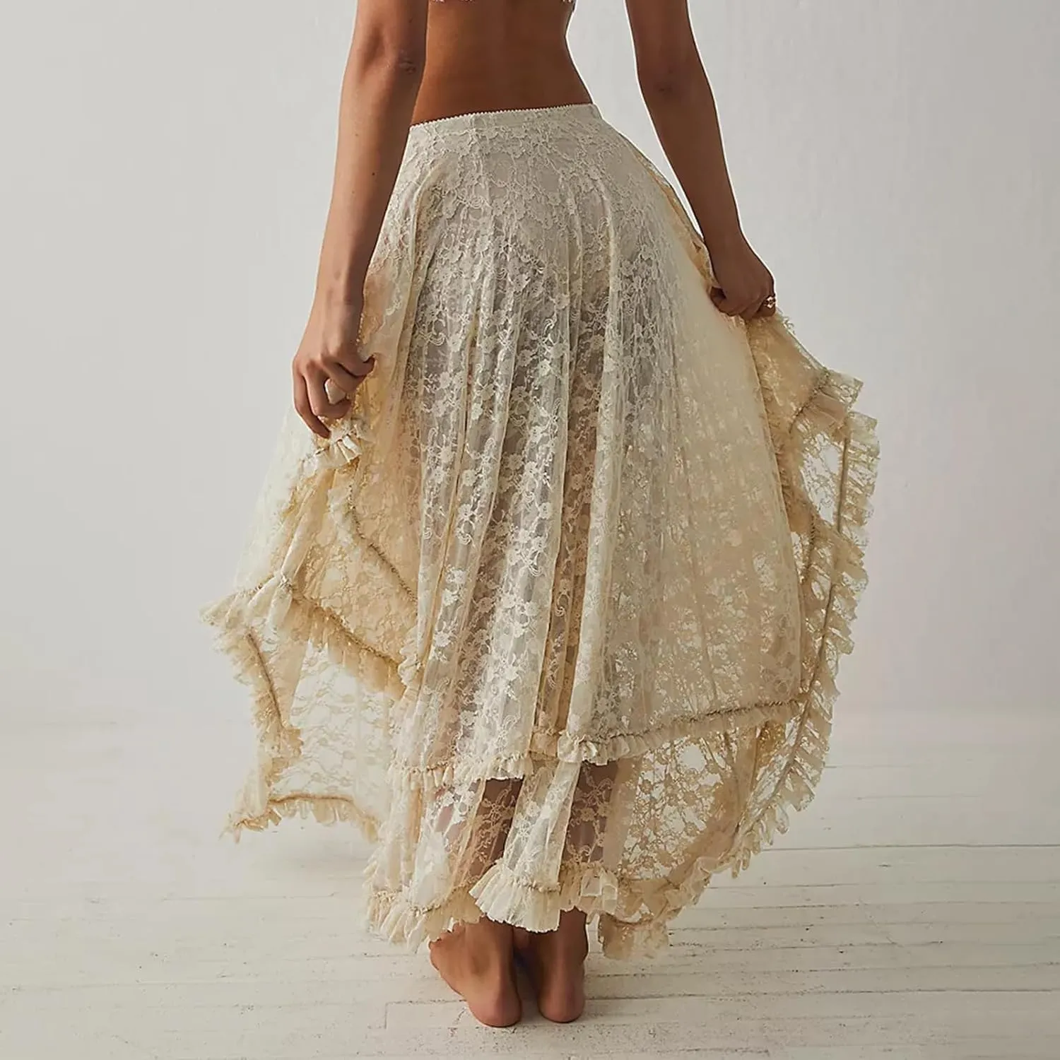 Women's Summer Midi Skirts Elastic Asymmetrical Layered Hem Sexy High Waist Skirts Beach Floral Casual Skirts