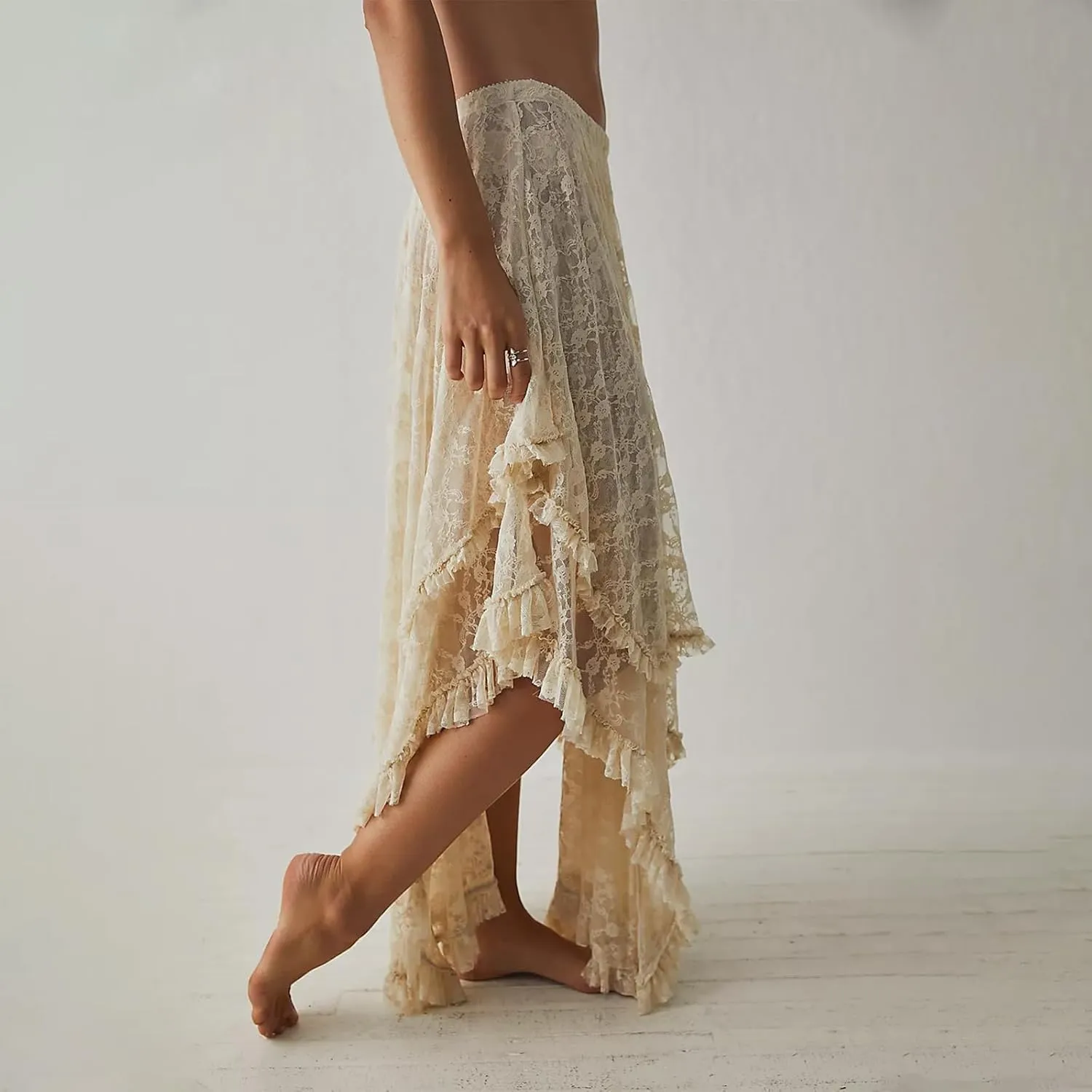 Women's Summer Midi Skirts Elastic Asymmetrical Layered Hem Sexy High Waist Skirts Beach Floral Casual Skirts