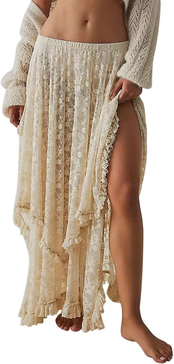 Women's Summer Midi Skirts Elastic Asymmetrical Layered Hem Sexy High Waist Skirts Beach Floral Casual Skirts