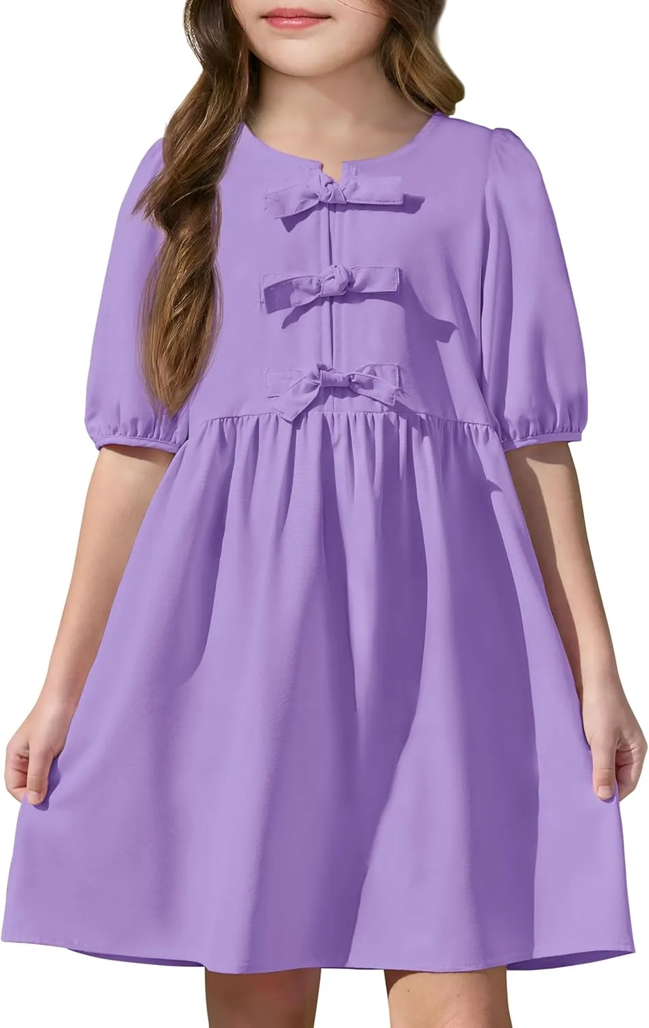 Yousify Girls Summer Dresses Cute Toddler Puff Short Sleeve Dresses A-Lined Flowy Trendy Bow tie Mini Dress Kids Outfits