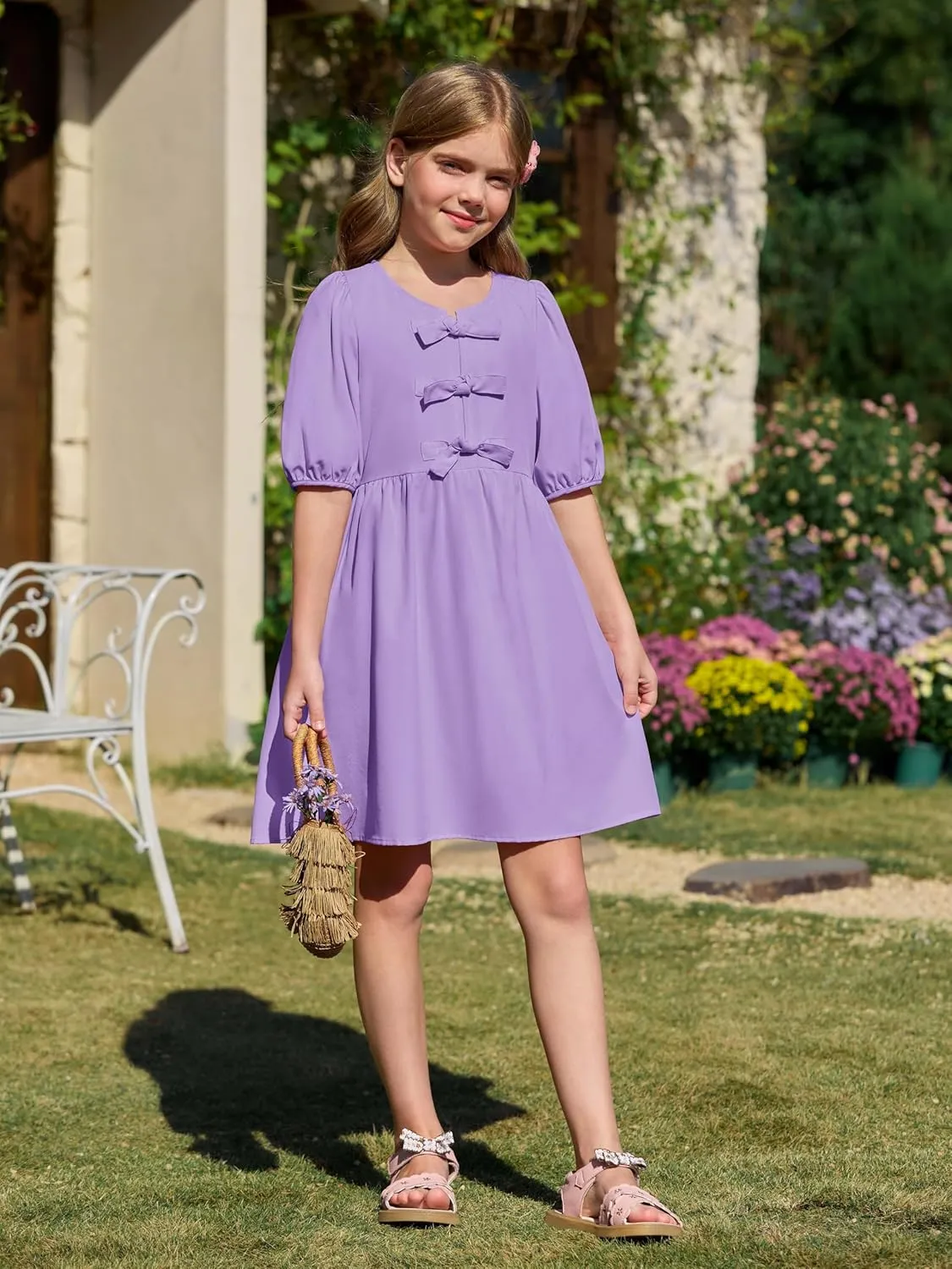 Yousify Girls Summer Dresses Cute Toddler Puff Short Sleeve Dresses A-Lined Flowy Trendy Bow tie Mini Dress Kids Outfits