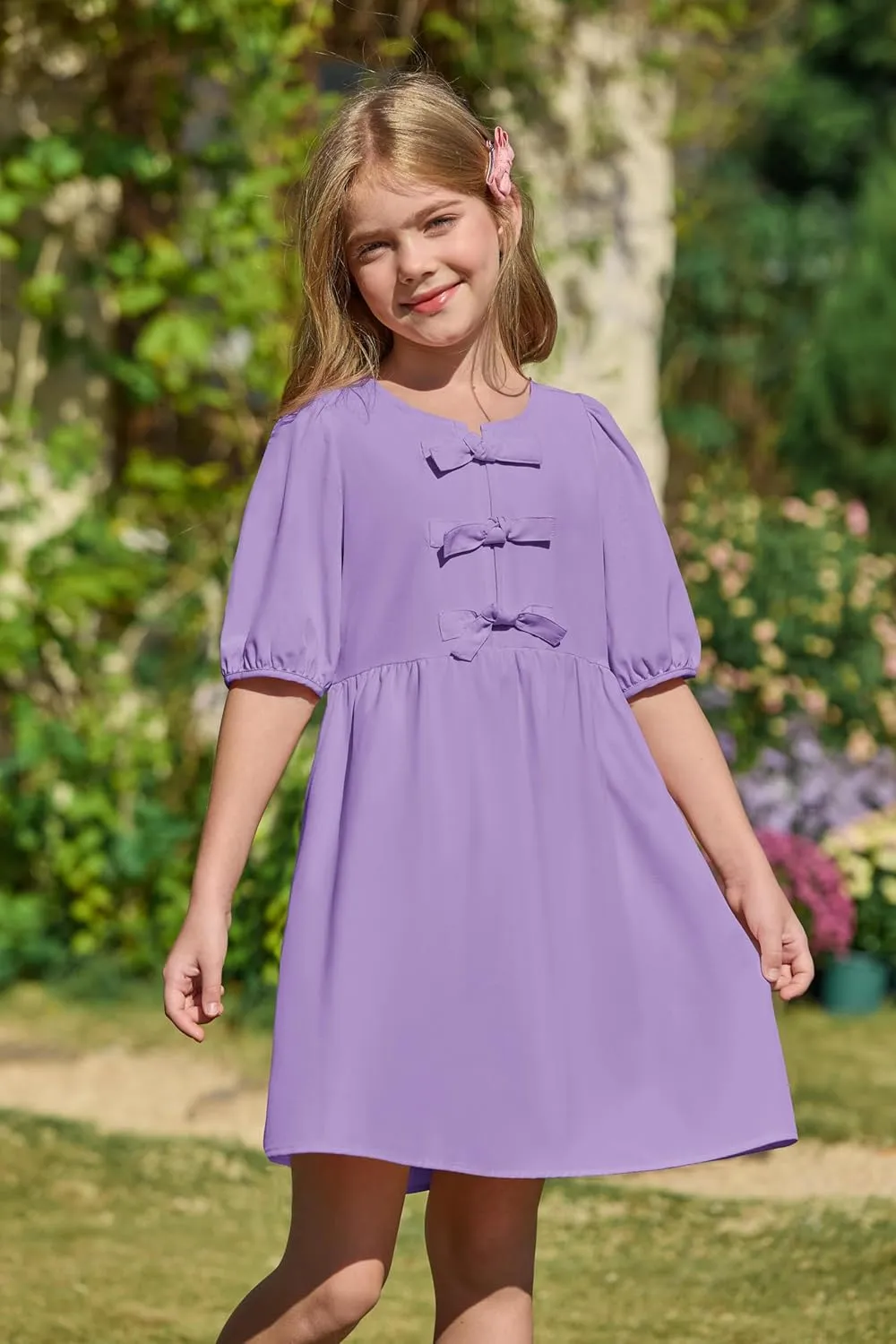 Yousify Girls Summer Dresses Cute Toddler Puff Short Sleeve Dresses A-Lined Flowy Trendy Bow tie Mini Dress Kids Outfits