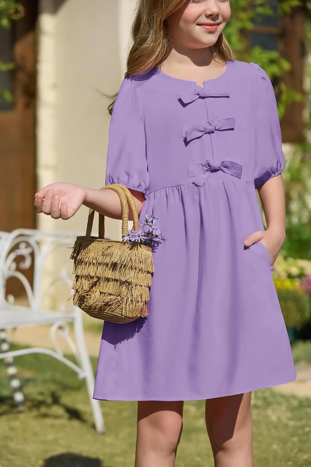 Yousify Girls Summer Dresses Cute Toddler Puff Short Sleeve Dresses A-Lined Flowy Trendy Bow tie Mini Dress Kids Outfits