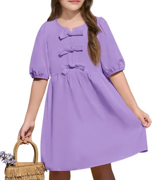Yousify Girls Summer Dresses Cute Toddler Puff Short Sleeve Dresses A-Lined Flowy Trendy Bow tie Mini Dress Kids Outfits